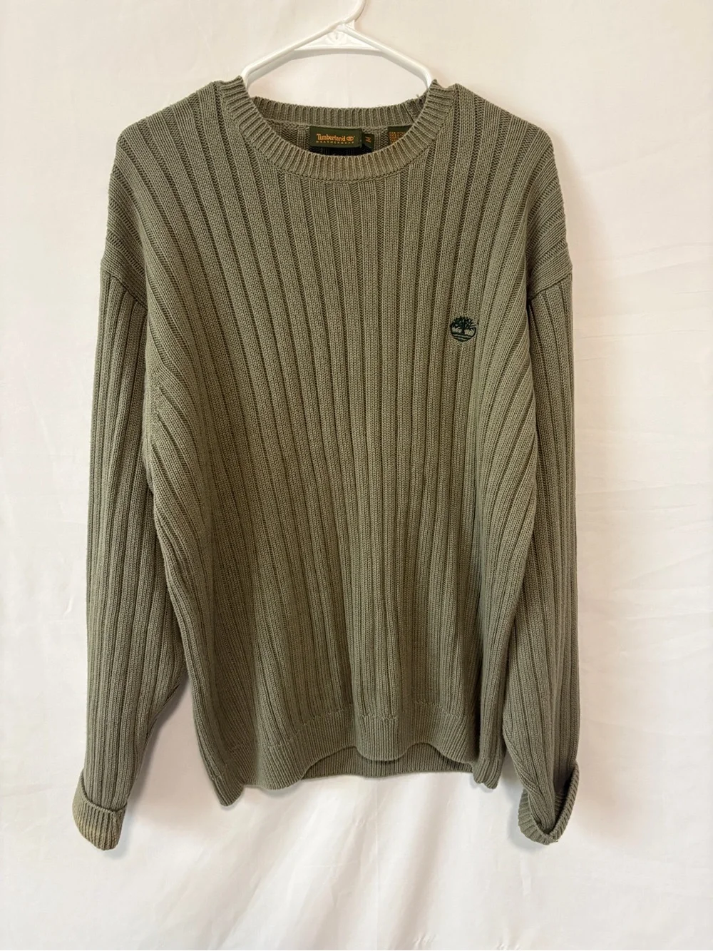 Vintage Timberland Men's Olive Ribbed Crewneck Sweater